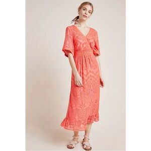 Farm Rio Anthropologie Devore Maxi Dress Coral Lace